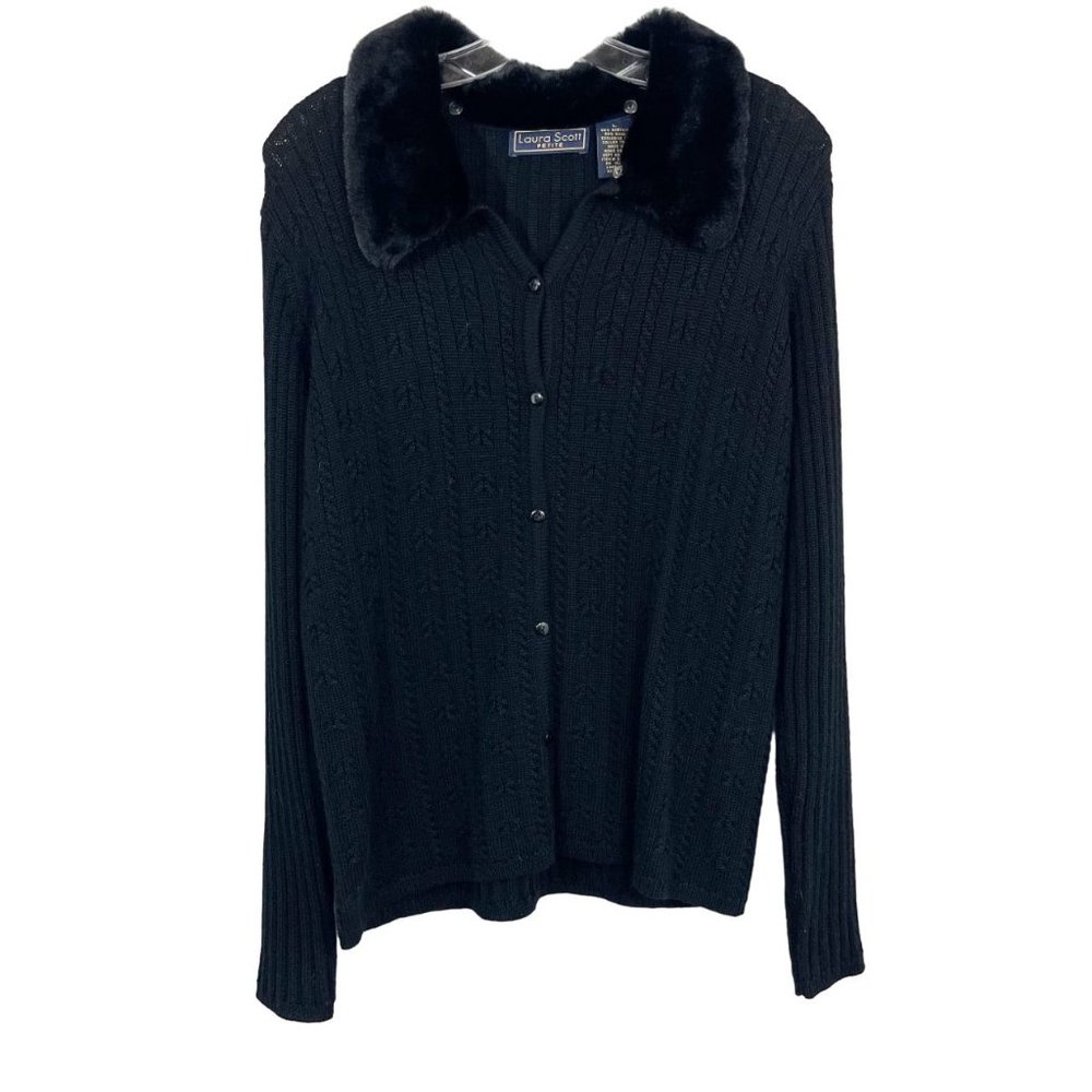 Vintage Black Cable Knit Fur‎ Collar Button Front Cardigan Sweater Y2K - Size LP